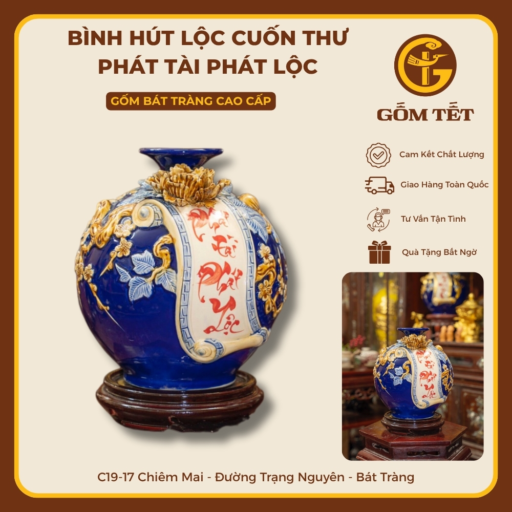 Bình Hút Lộc Cuốn Thư Phát Tài Phát Lộc Men Màu