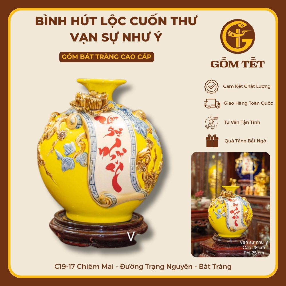 Bình Hút Lộc Cuốn Thư Vạn Sự Như Ý Men Màu