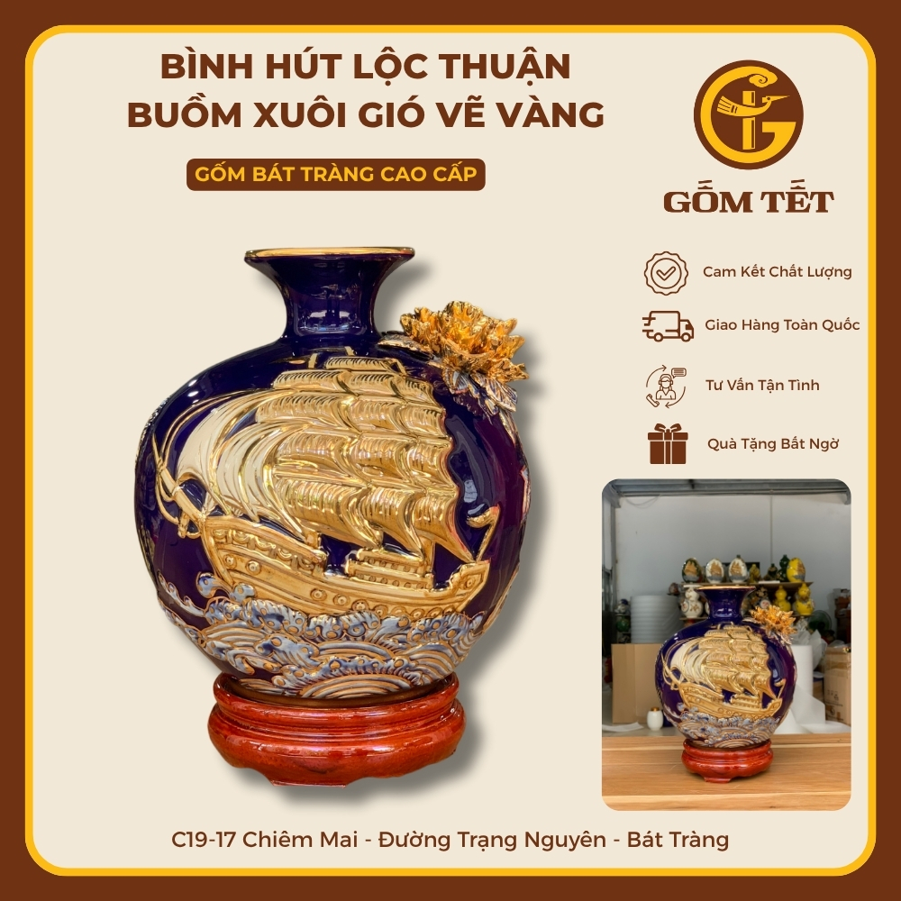 Bình Hút Lộc Thuận Buồm Xuôi Gió Men Màu Vẽ Vàng