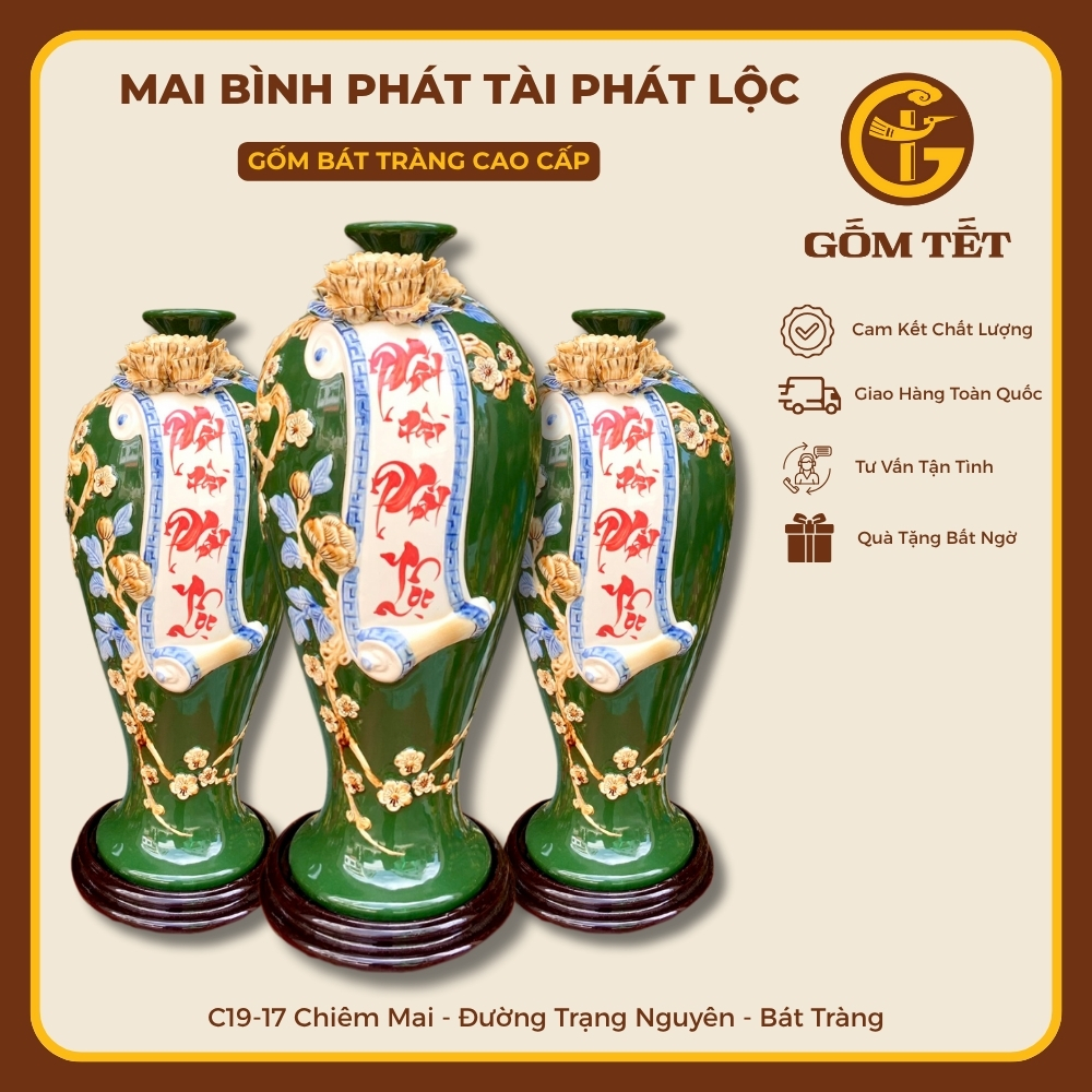Mai Bình Cuốn Thư Phát Tài Phát Lộc Men Màu