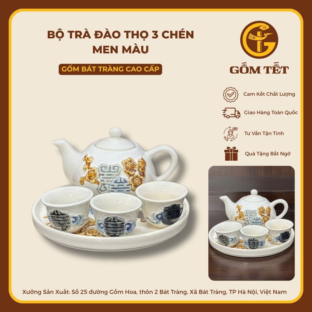 Bộ Trà Đào Thọ 3 Chén Men Màu