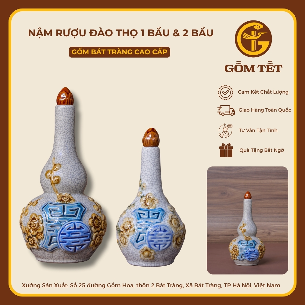 Nậm Rượu Đào Thọ 1 Bầu - 2 Bầu Men Rạn