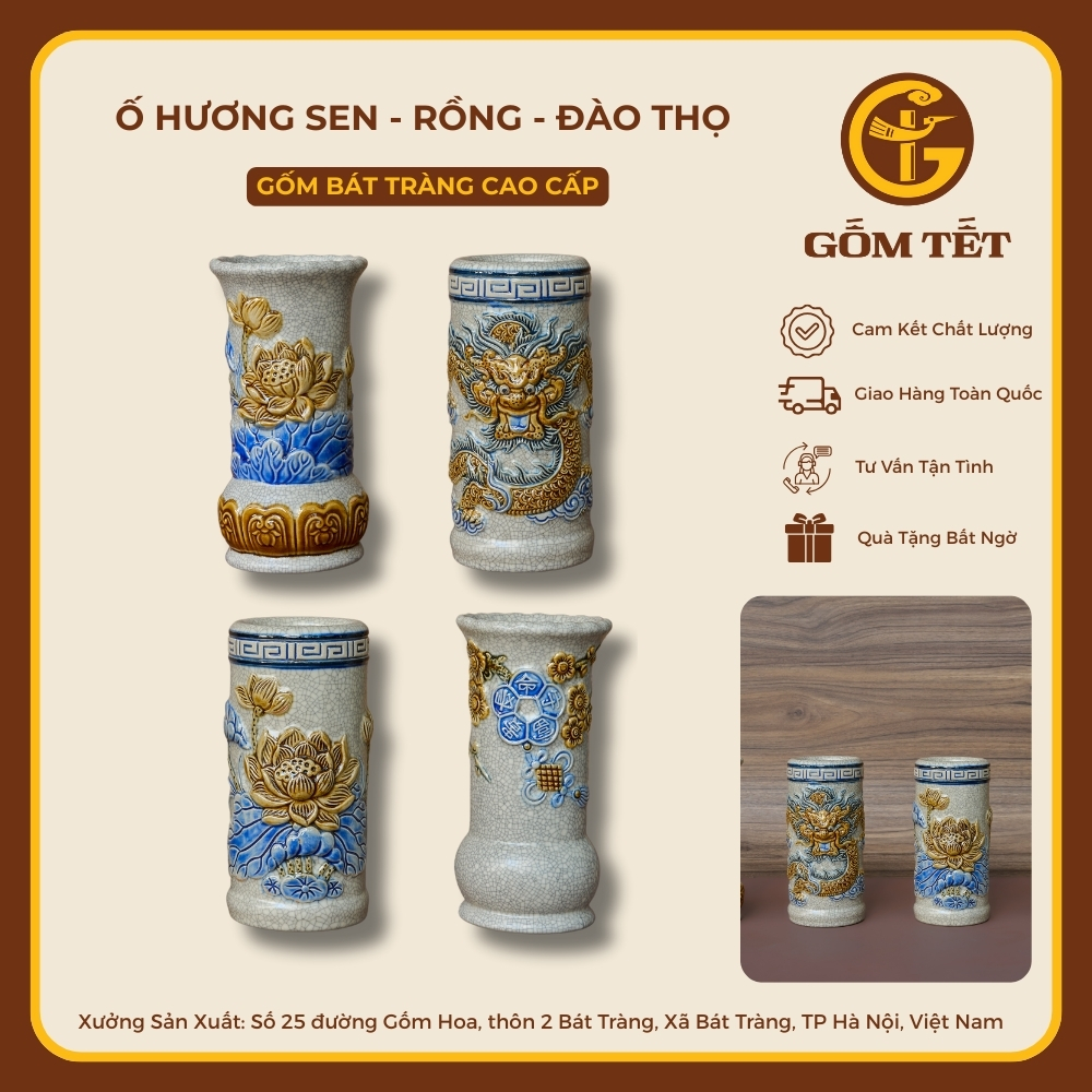 Ống Hương Sen - Rồng - Đào Thọ Men Rạn