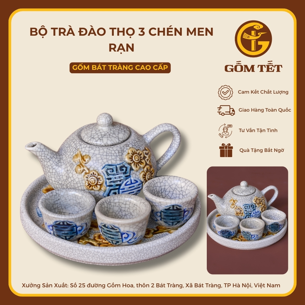 Bộ Trà Đào Thọ 3 Chén Men Rạn 4 bo tra dao tho 3 chen men ran