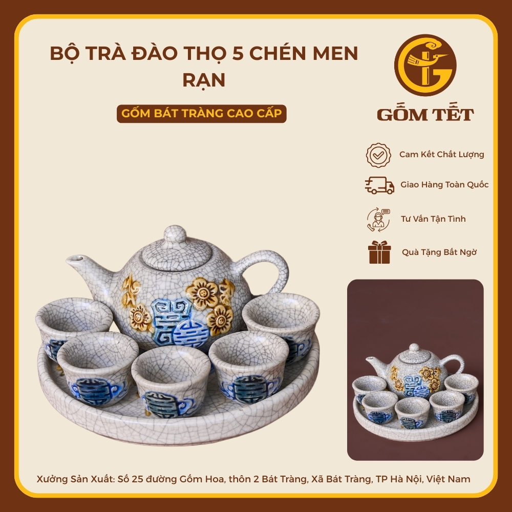 Bộ Trà Đào Thọ 5 Chén Men Rạn